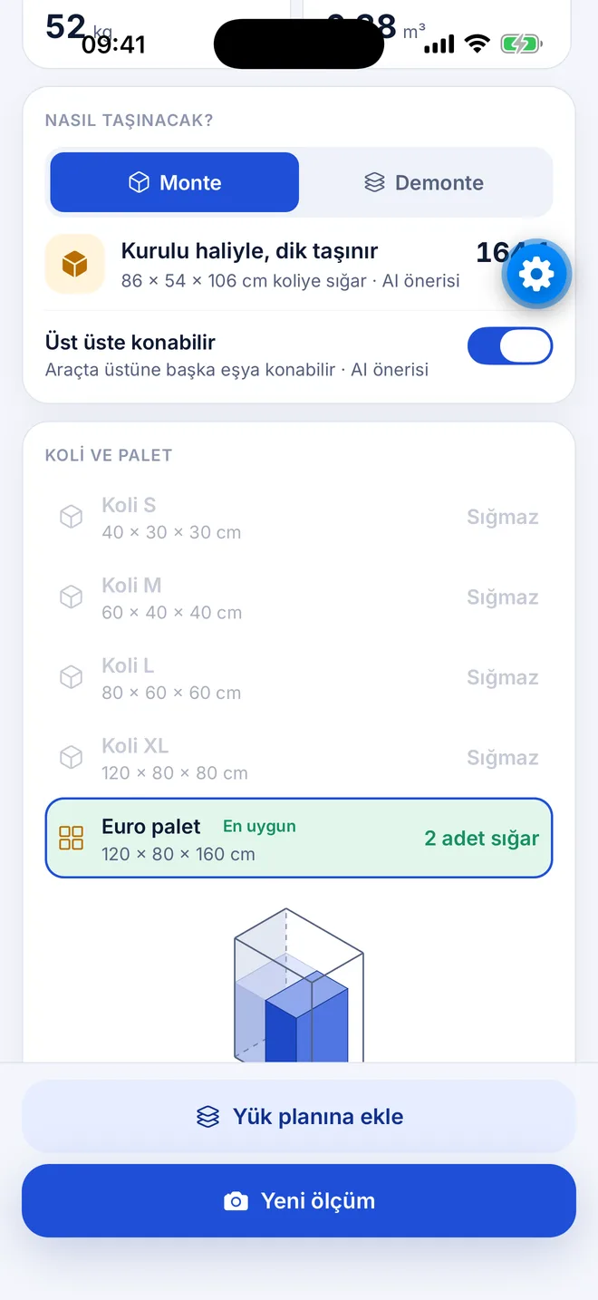 Taşıma seçenekleri: Monte/Demonte, üst üste konabilirlik, koli ve palet listesi