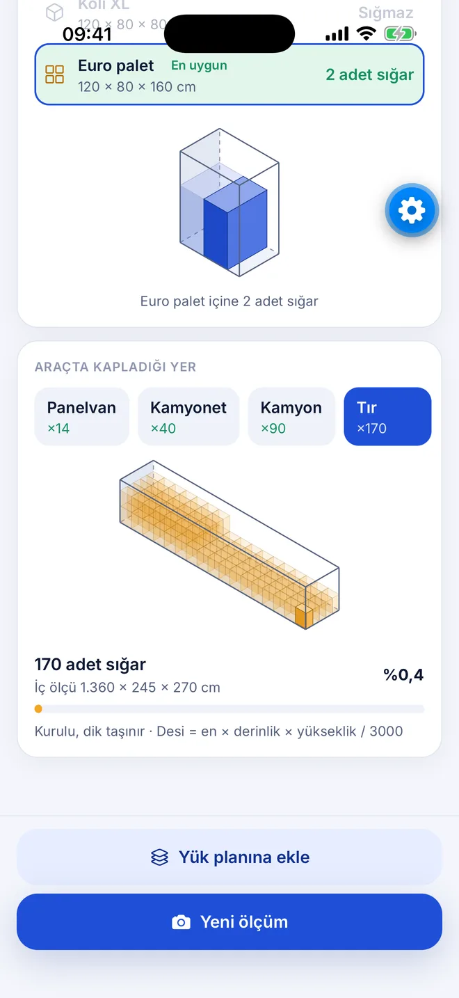 Koli ve paletin 3B görünümü ile araçta kapladığı yer