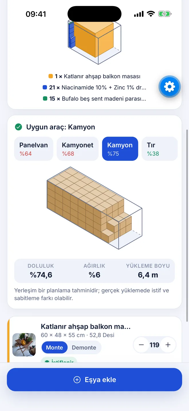 Kamyonda yük planı: tavana kadar istiflenmiş koliler, doluluk ve yükleme boyu
